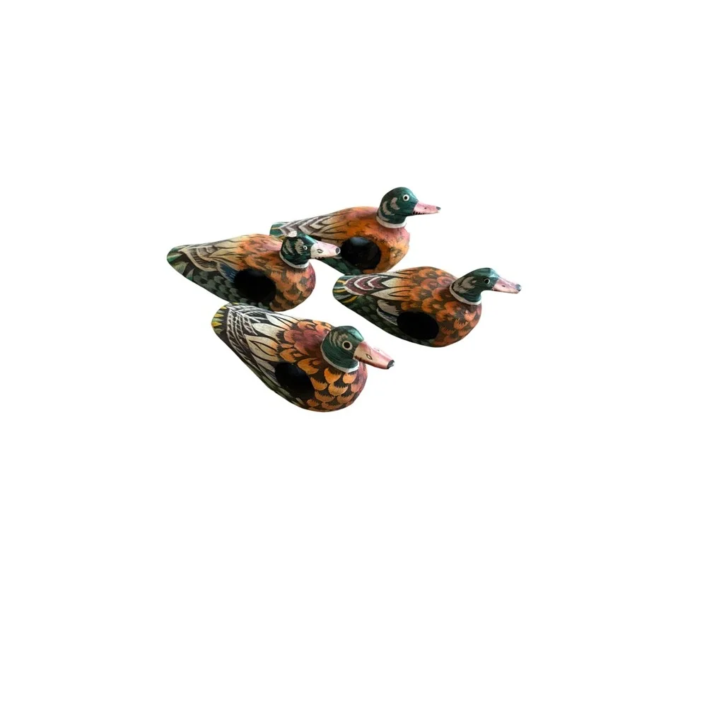 Vintage Hand Painted Wooden Mallard Duck Napkin Rings Set of 4 Made in Indonesia